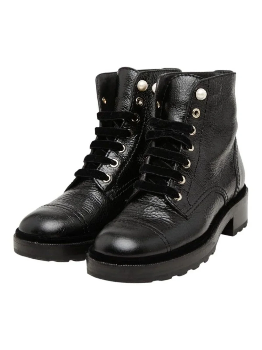 Chanel CC Logo Lace Up Short Boots 38 Black Leather Velour Faux Pearl